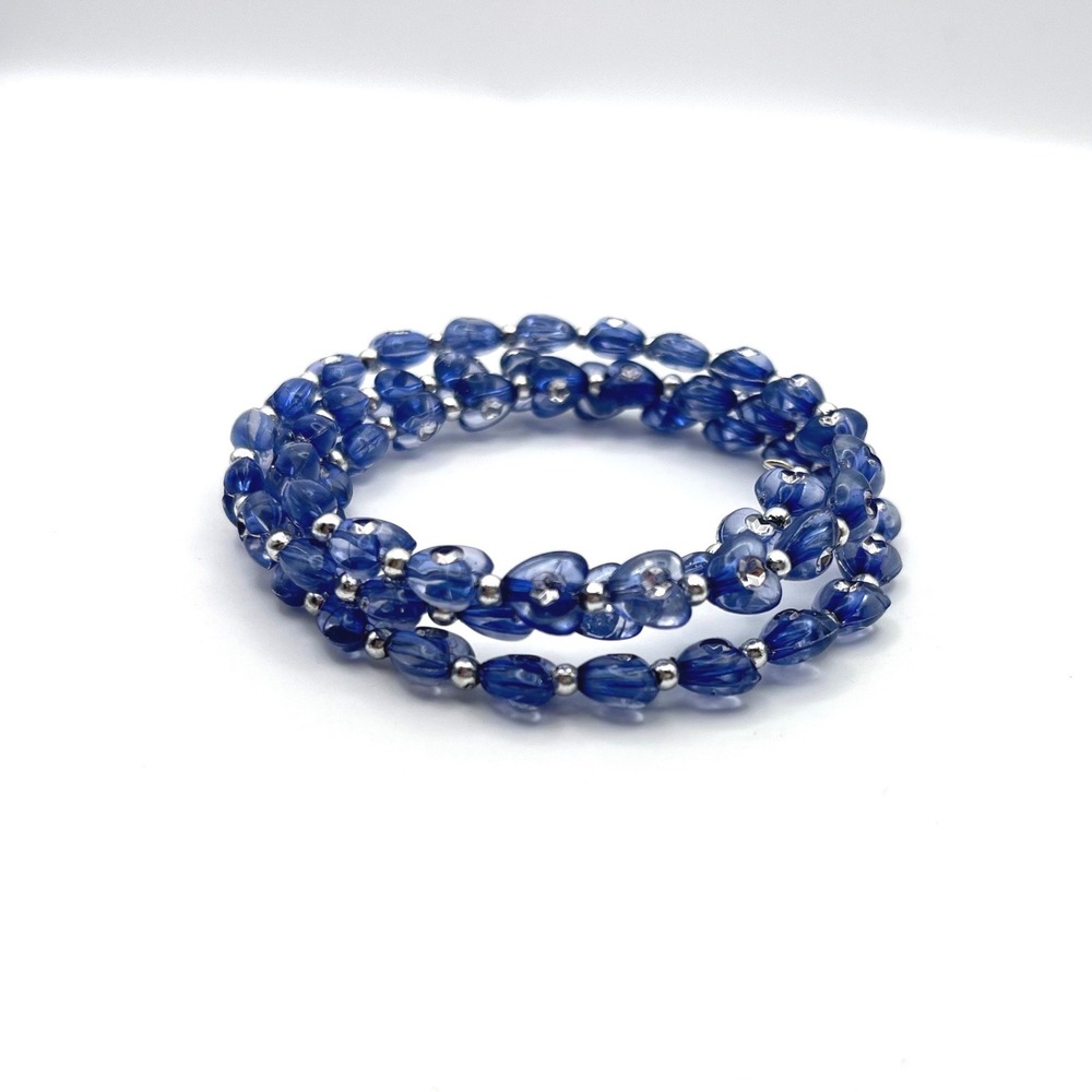 Blue Heart Bead Memory Wire Wrap Bracelet‎ Silver Tone Accents